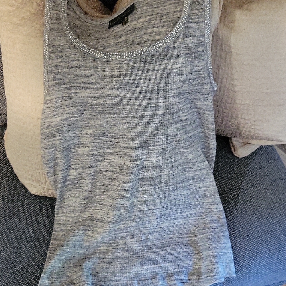 Gray Sleeveless Tank Top With Rhinestone Neckline